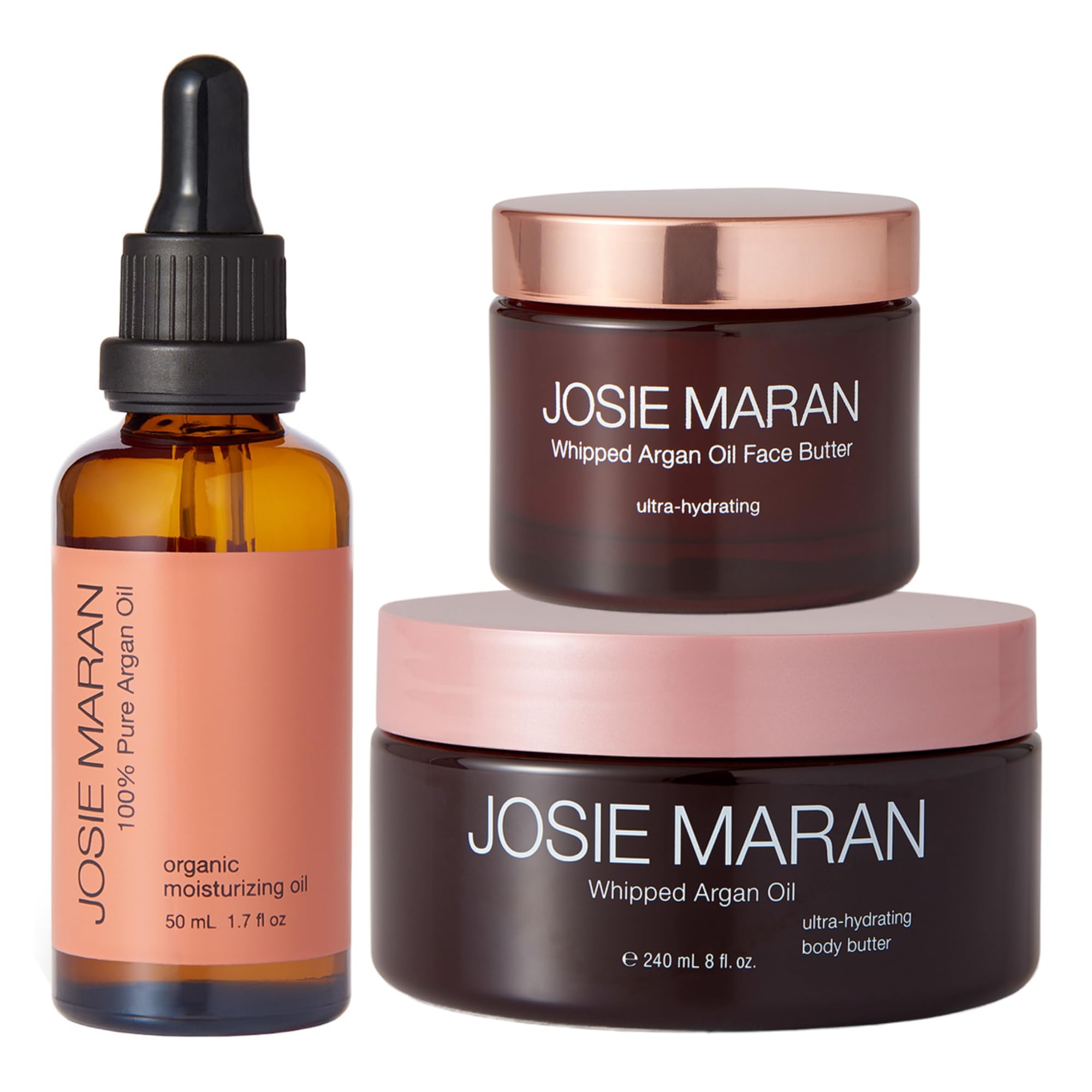 Josie Maran Head-to-Toe Hydration Kit - Whipped Argan Body Butter, Face Butter & Pure Argan Oil - Hydrating Skincare Set for Smooth, Nourished Skin (11.4 oz)