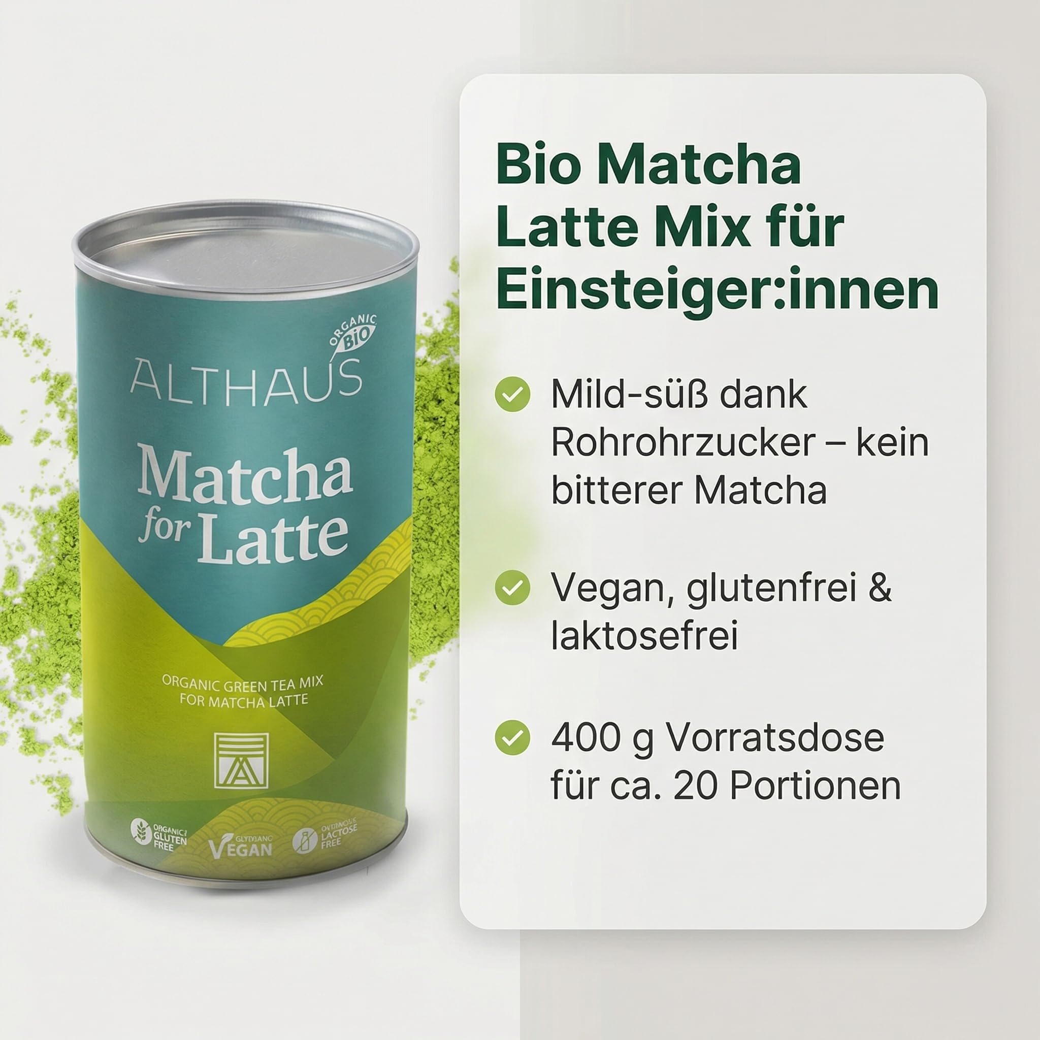 ALTHAUS Matcha Latte Pulver, Bio Grüntee-Mischung mit Rohrohrzucker, vegan glutenfrei laktosefrei, 400 g Dose, ca. 20 Portionen, mild-süßer Geschmack, schneller Genuss heiß oder kalt