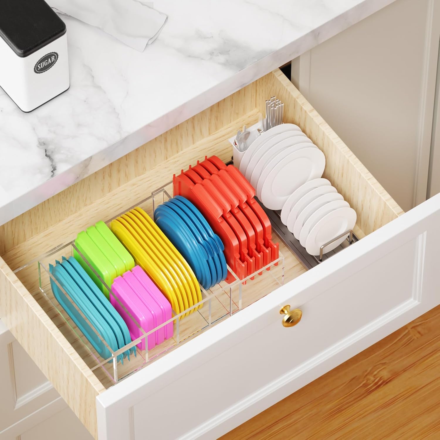 YUNEASELF Expandable Lid Storage Organizer: Kitchen Food Container Lids Organizer for Cabinet - Acrylic Extra Large 10-18" Food Storage Container Holder for Cabinets Cupboards Pantry Drawer