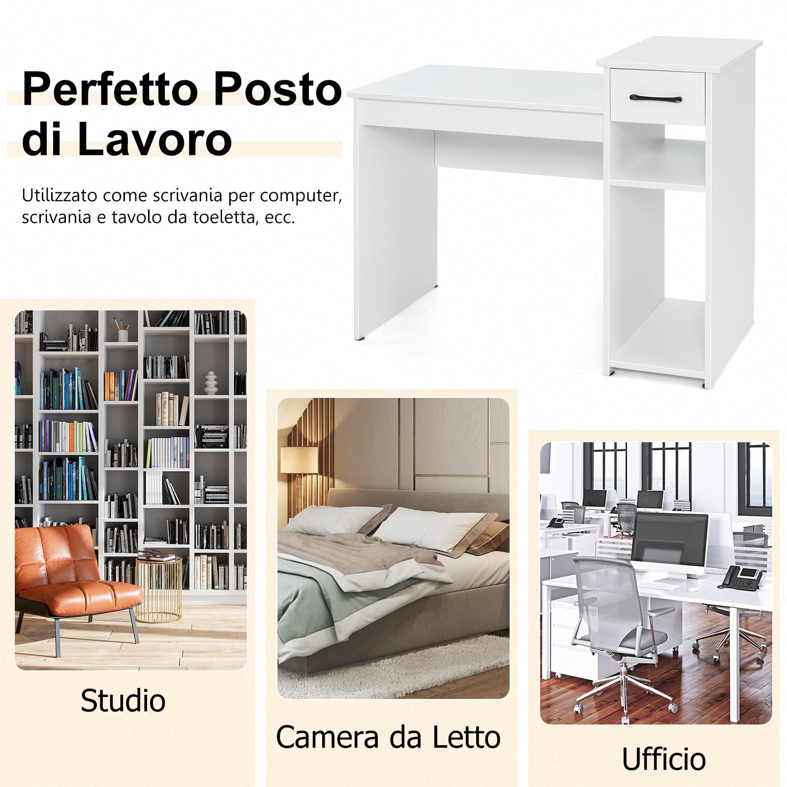 COSTWAY Scrivania con Cassetto, Scrivania da Computer, Tavolo da ufficio, 104 x 50 x 82cm (Bianco)