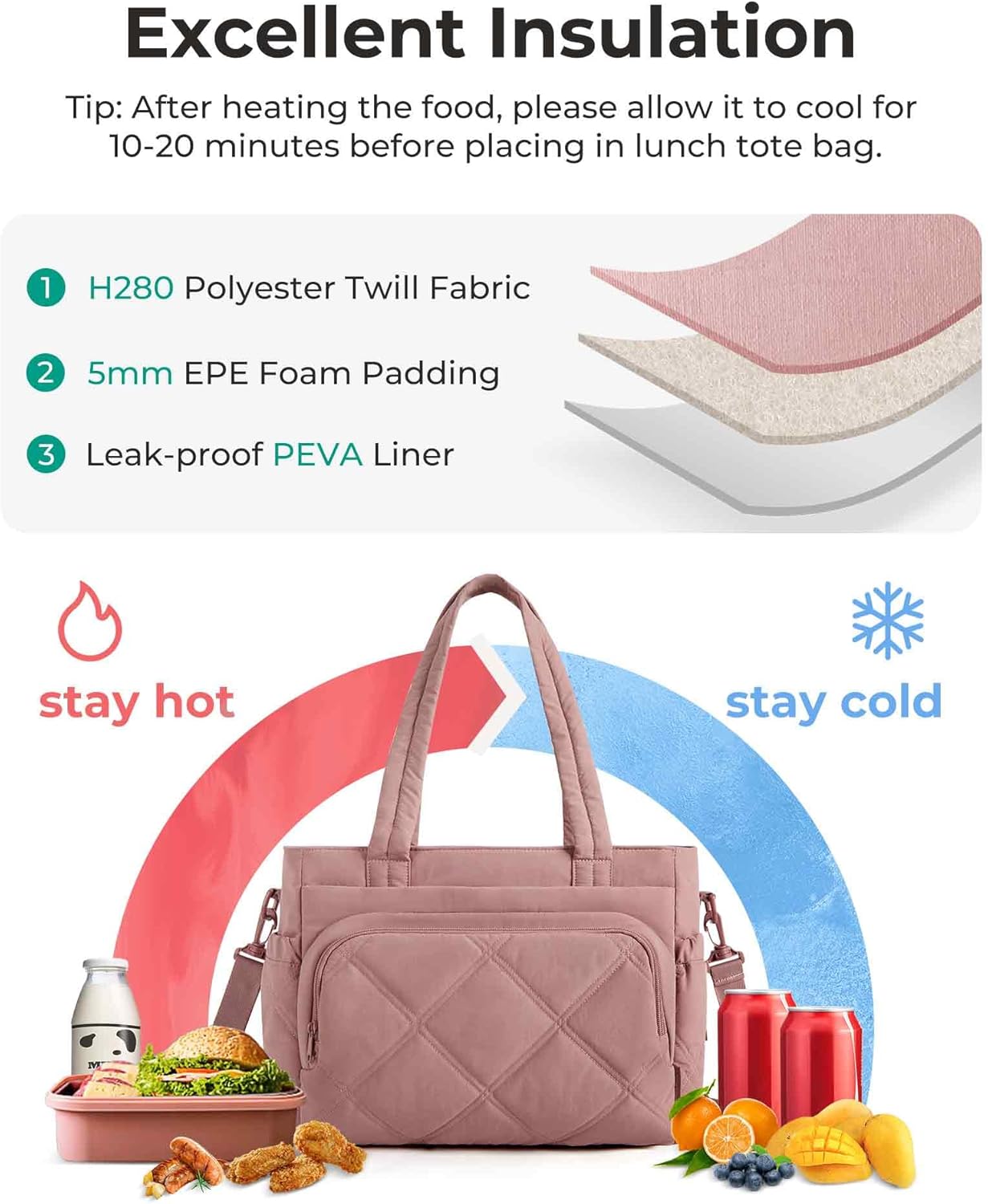 BAGSMART Lunch Bag Women Large Lunch Box Insulated Tote Bag with Multi-Pockets Quilted Puffy Tote for Work, Outdoors - Image 4