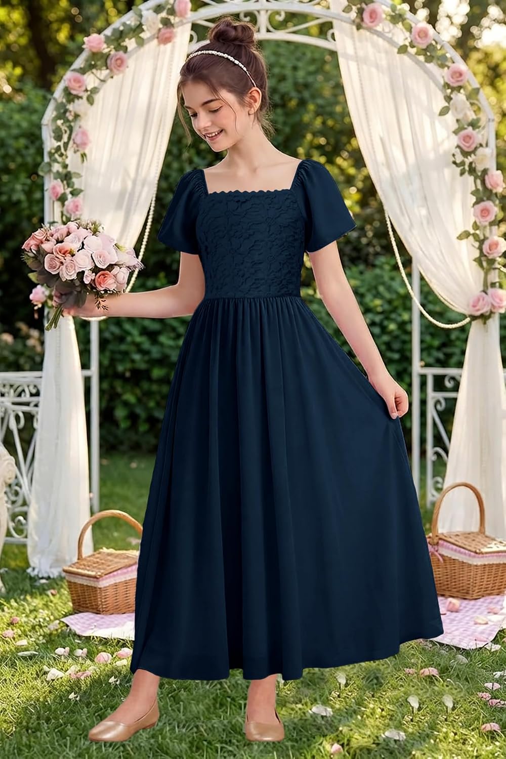 YOVION Girls Wedding Guest Dress Flower Lace A-Line Formal Birthday 6-12Y