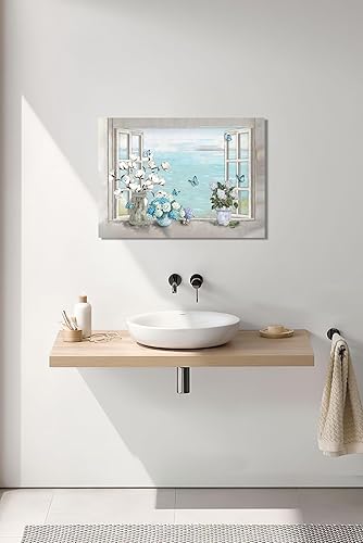 Miniatura 3 de Arte de pared de algodón de hortensias para baño, diseño de flores y mariposas, decoración de pared de baño, impresiones de lienzo de algodón para