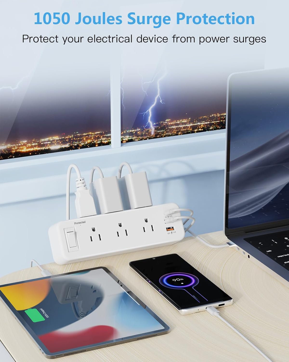 6 Outlet Desk Clamp Power Strip with USB C, Flat Plug Surge Protector, Desktop Edge Mount for 1.8 inch Tabletop Thick, Connect 6 ft Extension Cord, Table Edge Socket with Switch, White