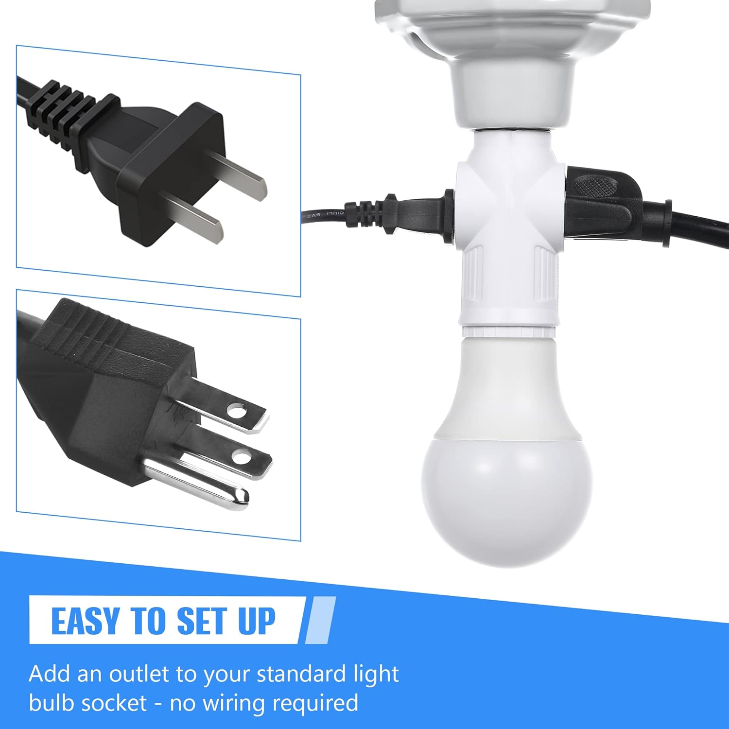 E26/ E27 2 and 3 Prong Light Bulb Socket Adapter Bundle with 3 Outlet Light Socket Adapter with Extension Cord