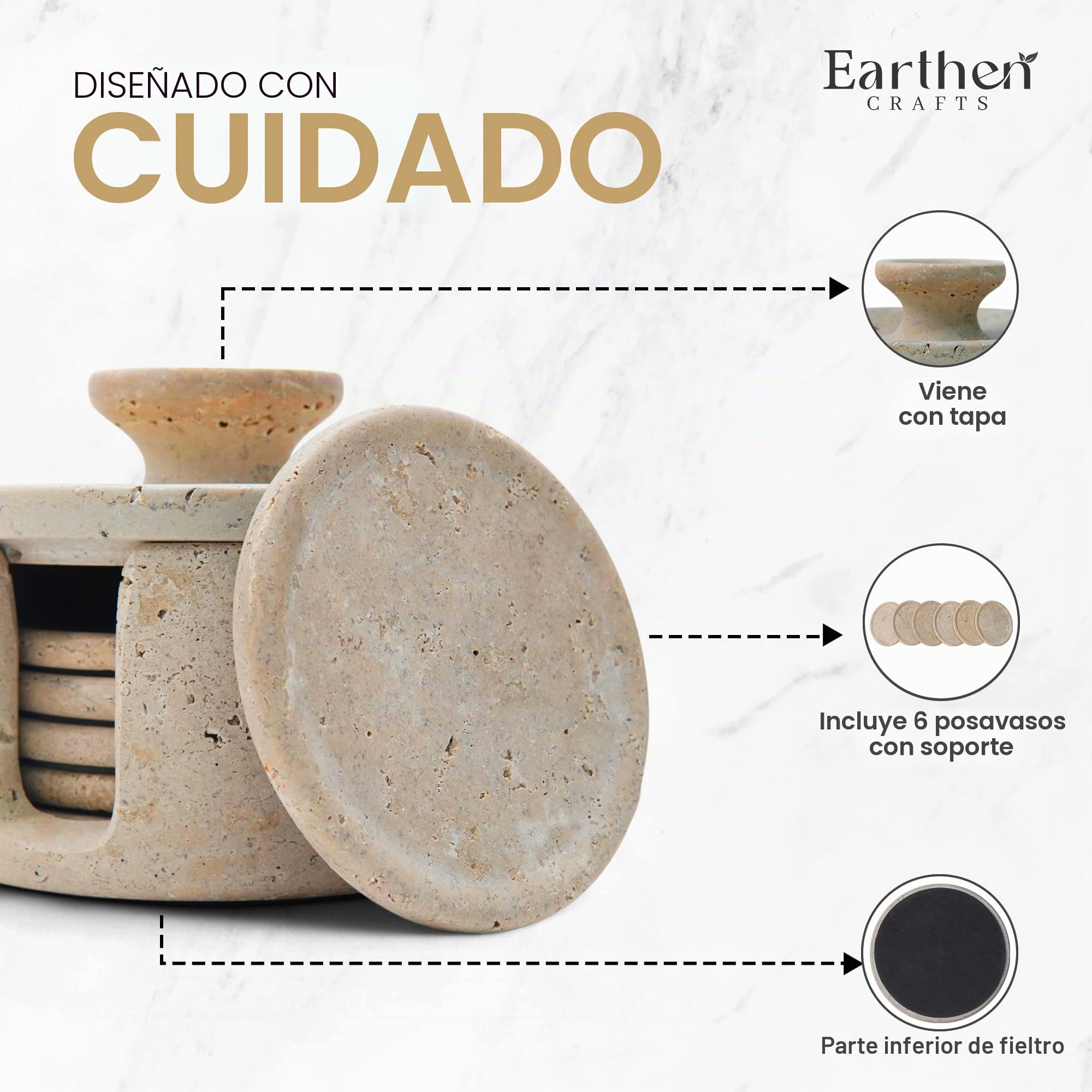 Posavasos de mármol travertino con Tapa de Soporte para Bebidas, Juego de 6 Posavasos de Piedra de 3.5 Pulgadas, Ideal para decoración de Patio, Sala de Estar y Cocina | Posavasos redondos de piedra de 3.5 pulgadas para mesa de café, sala de estar, cocina
