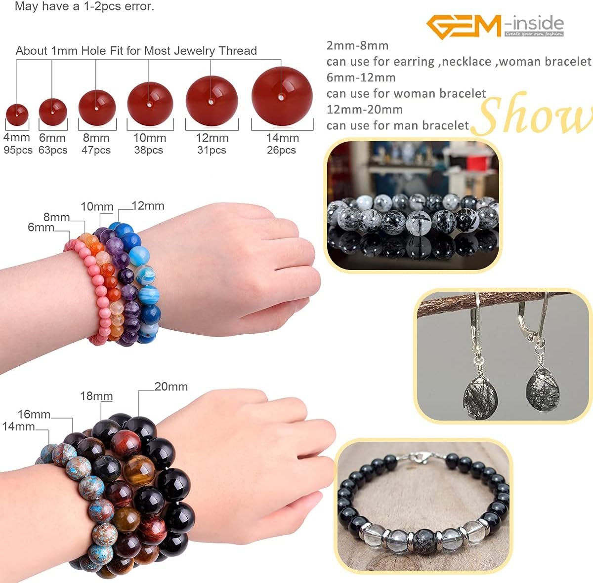 GEM-Inside Black Rutilated Quartz Gemstone Loose Beads Natural 14mm Round Smooth Crystal Energy Stone Power for Jewelry Making 15''