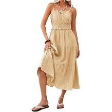 Kate Kasin Women's Summer Sleeveless Spaghettii A Line Dress Square Collar Maxi Sundress Boho Cotton Dress with Pockets for Beach Vacation