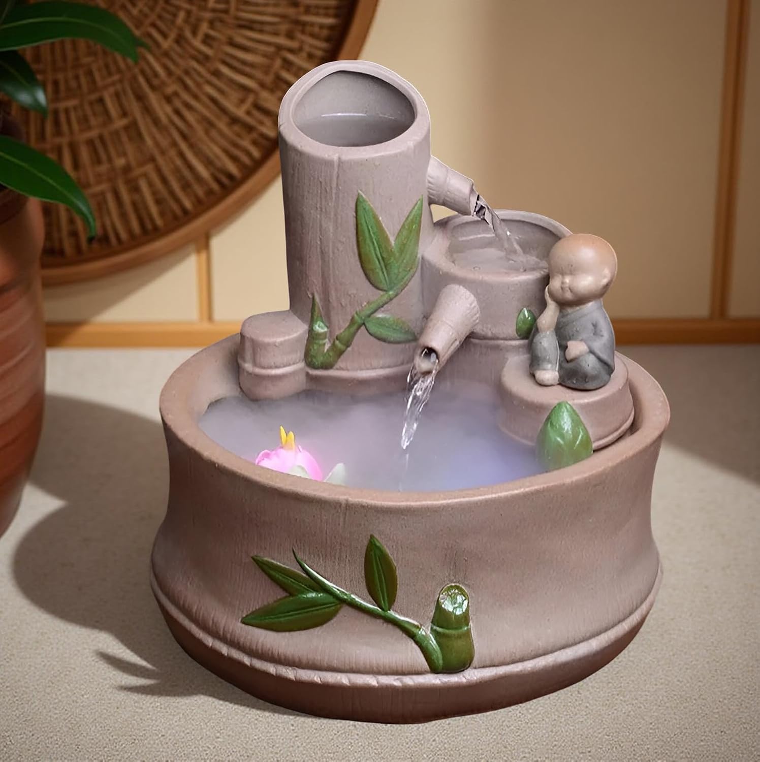 8.66" Bamboo Indoor Desktop Fountain with 3-Tier Waterfall, Frog Ornament & Humidifying Mist, + Free 10 Natural Crystals – Resin Tabletop Fountain & Office Meditation (FrogBamboo-Mist)(Frogbamboo-mist