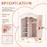 Vista 6 de ROBUD Armario de Juguetes de Madera para Muñecas, Guardarropa con 5 Percheros, Espejo, Cortinas de Terciopelo, Para Ropa de Muñecas American Girl