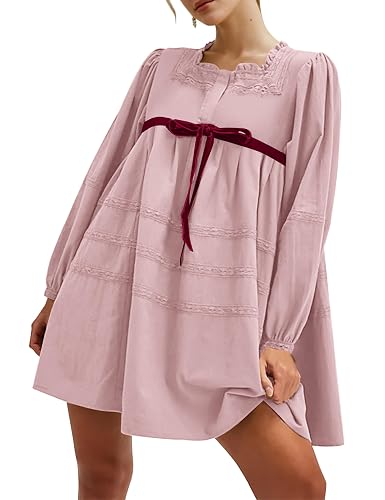 Burtell Women Flowy Long Puff Sleeve Mini Dress Casual Square Neck Lace Embroidered Babydoll Dress Bow Tie A-line Tunic Dress Pink