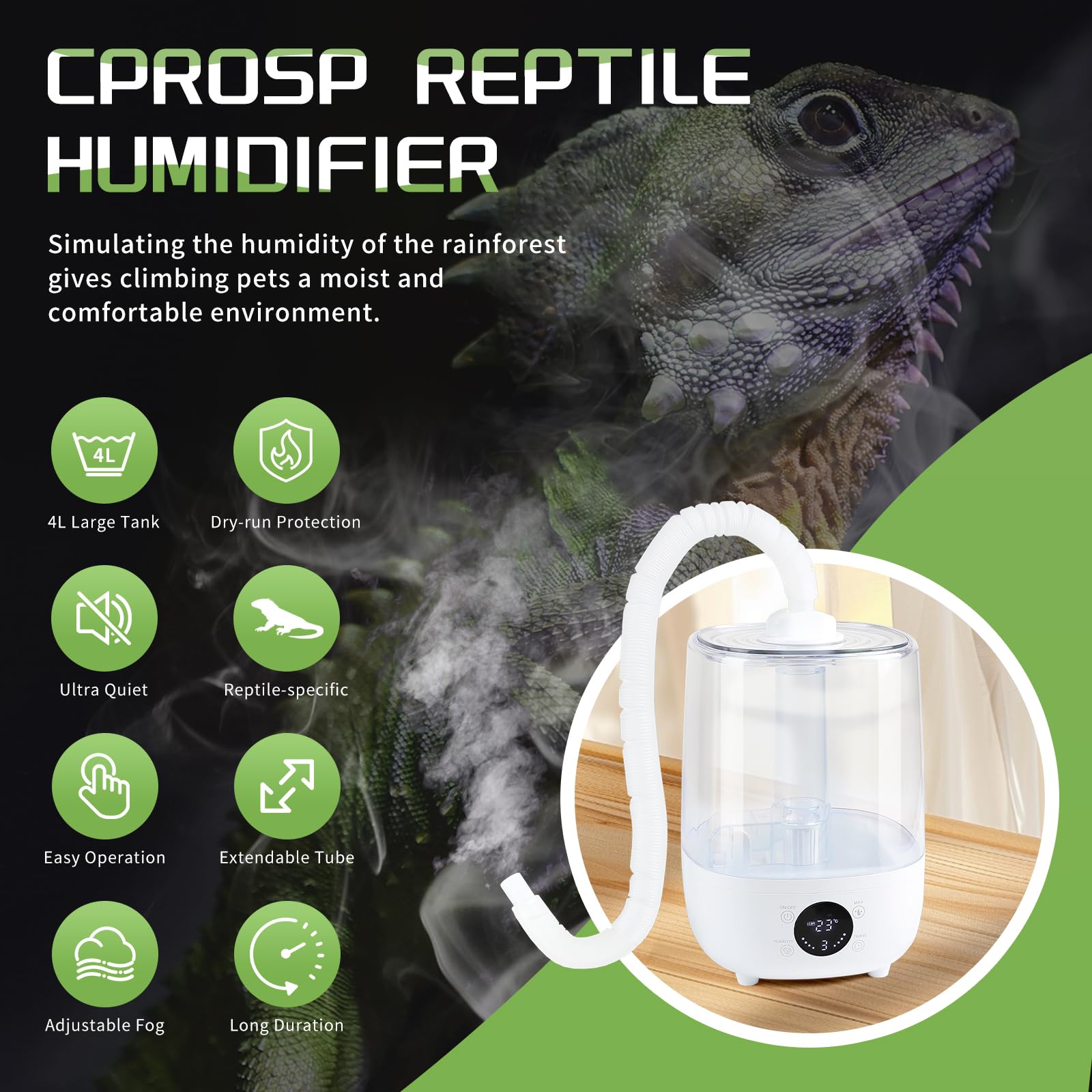 CPROSP Umidificatore per Rettili 4L, con Telecomando, Con Tubo, Silenzioso, Umidificatore Smart Touch