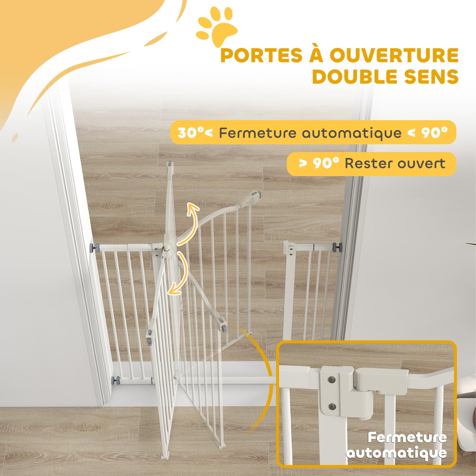 PawHut - Barrera de Seguridad para Perros Extensible 74-100 cm, Barrera de Escalera de fijación por presión sin taladrar, Doble Bloqueo de Cierre, Cierre automático, Altura 94 cm, Color Blanco | Barrera de escalera de fijación por presión sin taladrar, do