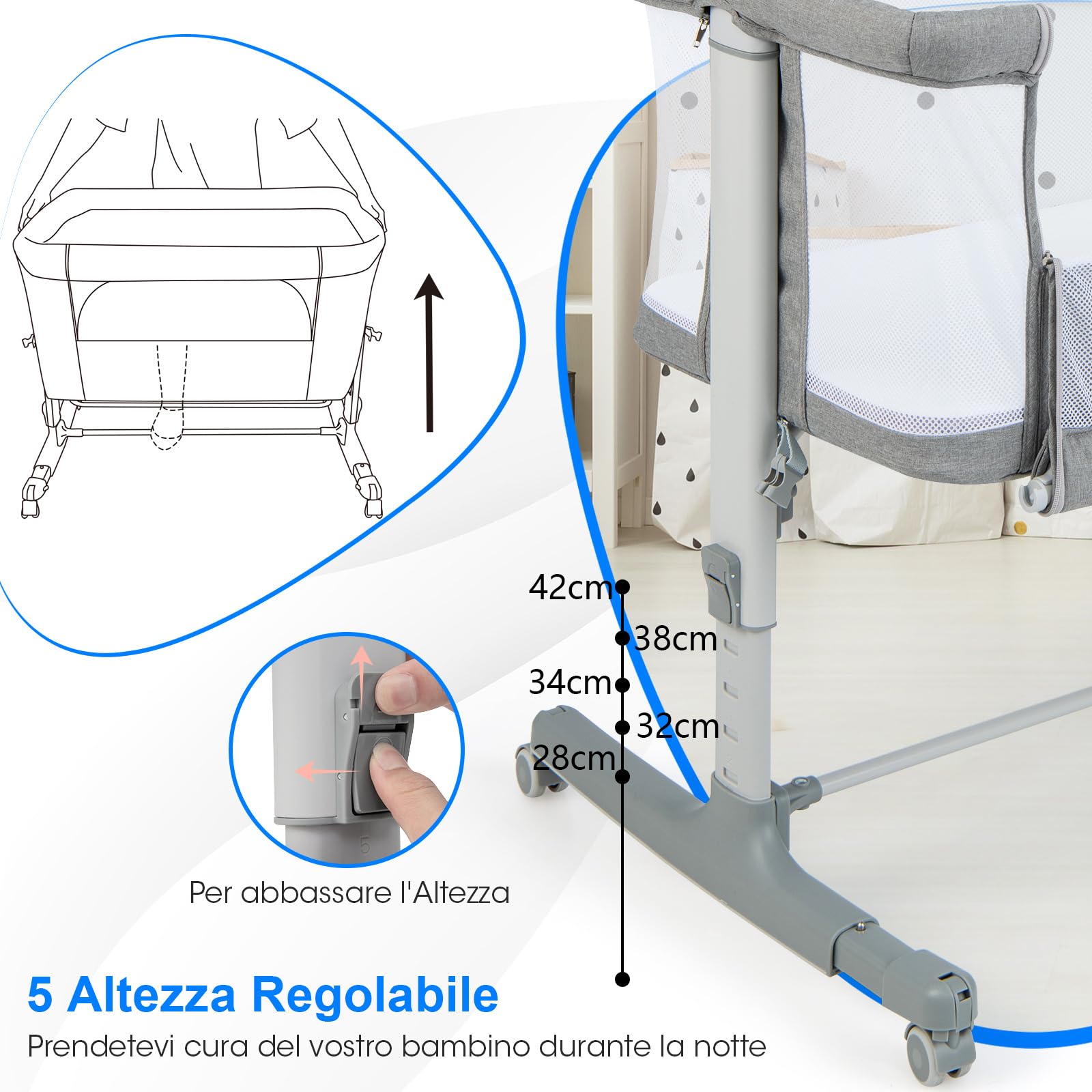 COSTWAY 3 in 1 Culla Neonato Fianco Letto, Lettino Neonato Dondolo con Materasso, Culla Co-Sleeping Fino a 9 kg, Altezza Regolabili, 84 x 59,5 x 80,5cm (Grigio)