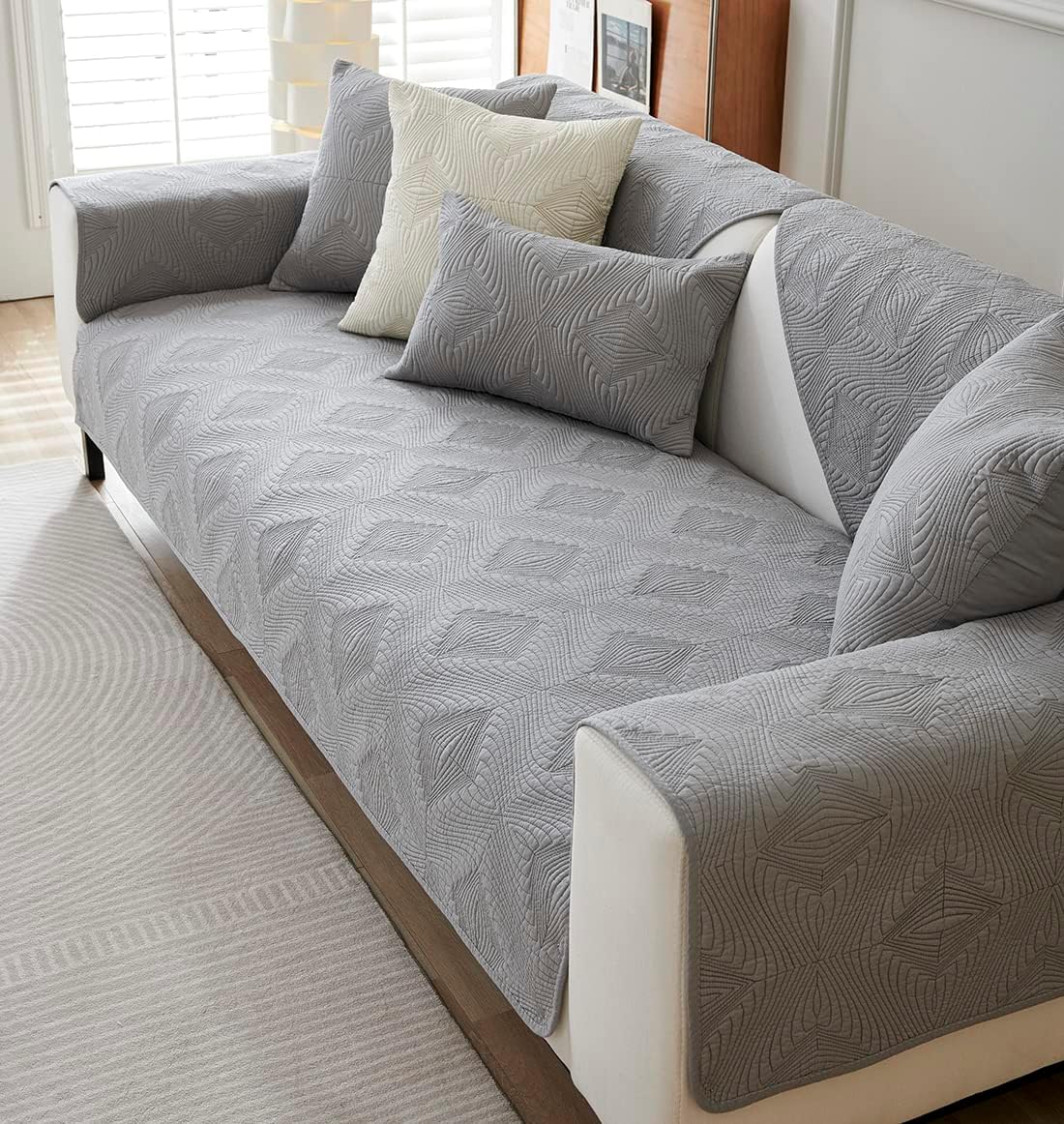 vctops Farmhouse Solid Cotton Sofa Cover for 2 or 3 Cushion Couch Covers Anti-Slip Geometric Quilted Sofa Slipcover for Dogs Cats Pet Love Seat Recliner Armrest Backrest Cover(Light Grey,28"x59")