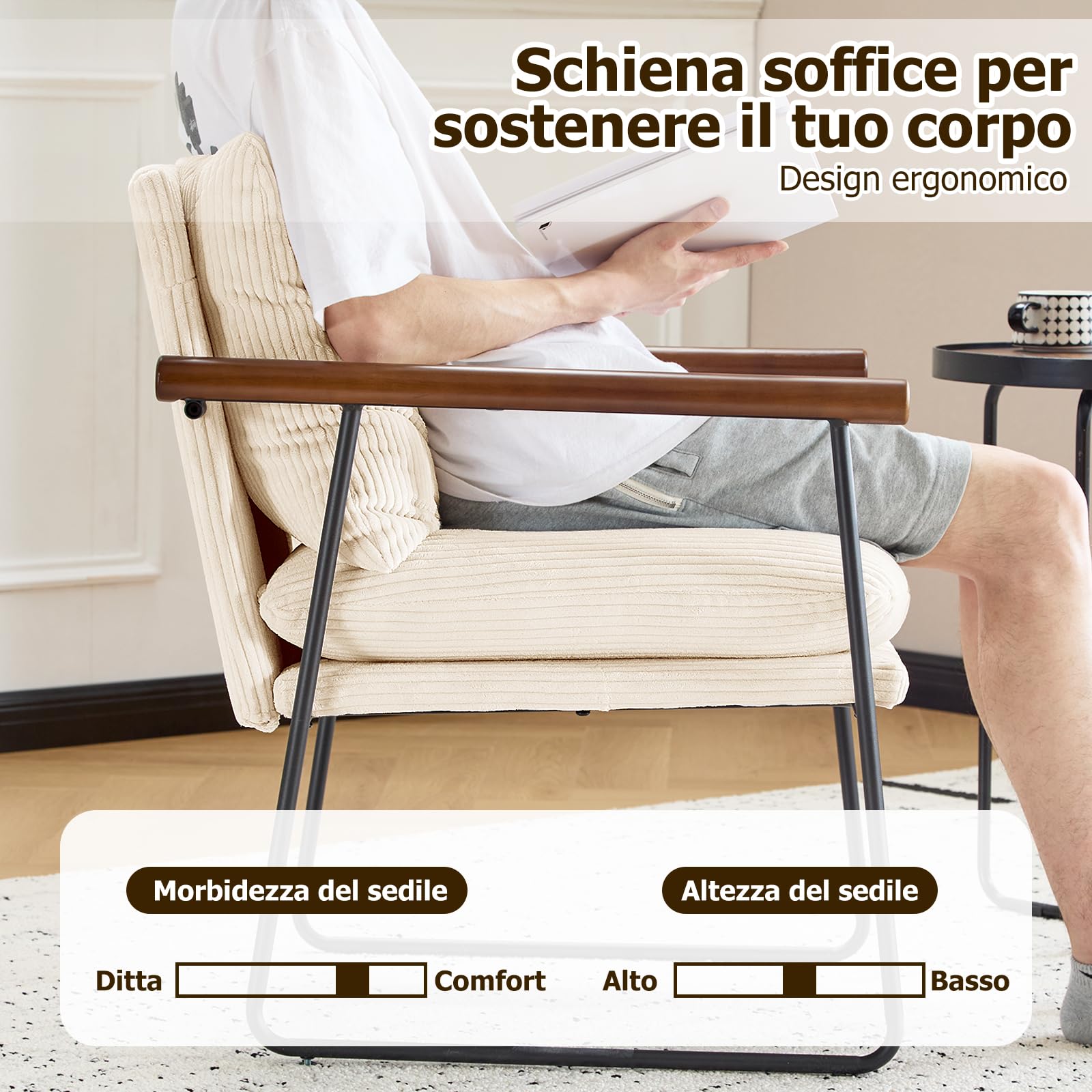 Set di 2 Poltrona Salotto Scandinava, Poltrona Camera da Letto con struttura in metallo, Poltroncina Imbottita con Braccioli per Soggiorno Camera da Letto Sale da Pranzo, Beige