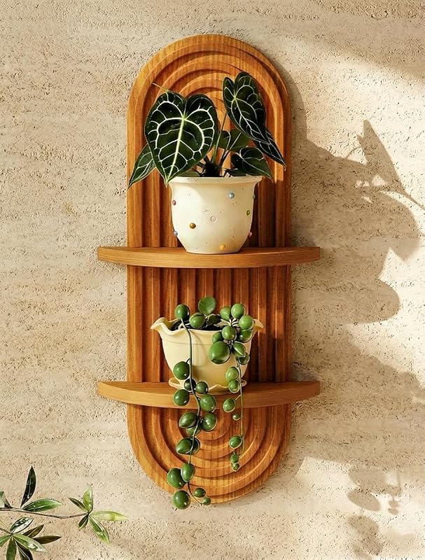Bamworld Boho Wall Decor Plant Wall Shelf Wood Plant Holder 2 Tier Brown | Mid Century Modern Decor Hanging Plant Shelf Wooden Floating Shelves for Home Bedroom Living Room Holding Planter Decoration