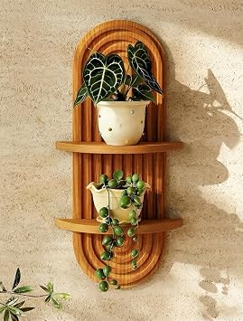 Bamworld Boho Wall Decor Plant Wall Shelf Wood Plant Holder 2 Tier Brown