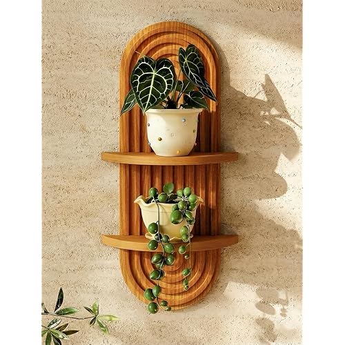 Bamworld Boho Wall Decor Brown Plant Wall Shelf, Mid Century Modern Decor Hanging Plant Shelf, 2-Tier Wooden Floating Shelves for Home, Bathroom Bedroom Living Room, Office Holding Planter Decoration