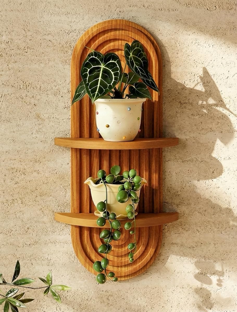 Bamworld Boho Wall Decor Brown Plant Wall Shelf, Mid Century Modern Decor Hanging Plant Shelf, 2-Tier Wooden Floating Shelves for Home, Bathroom Bedroom Living