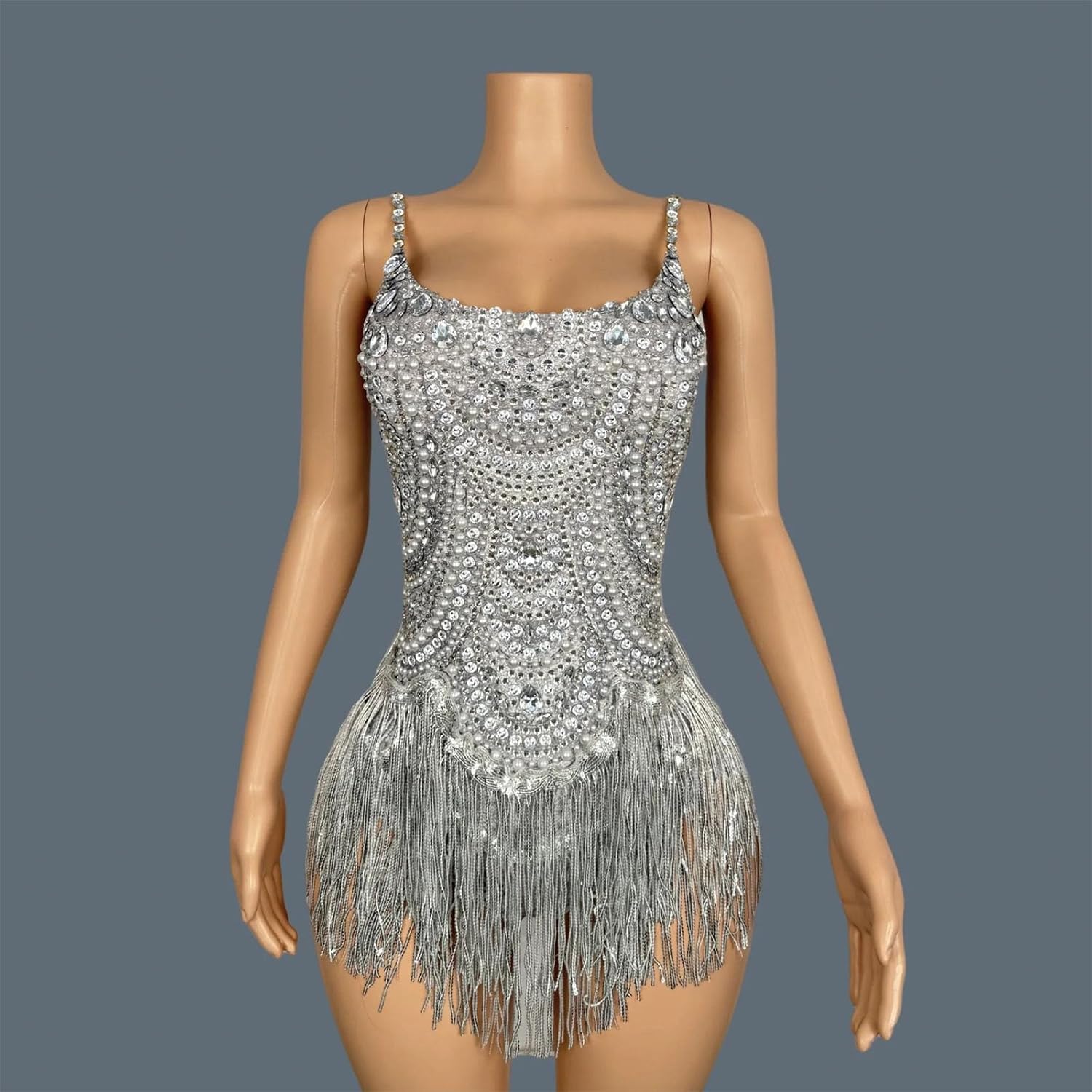 Women Sparkly Rhinestones Tassel Bodysuit Summer Sleeveless Fancy Outfit for Singer Dancer Stage Performance