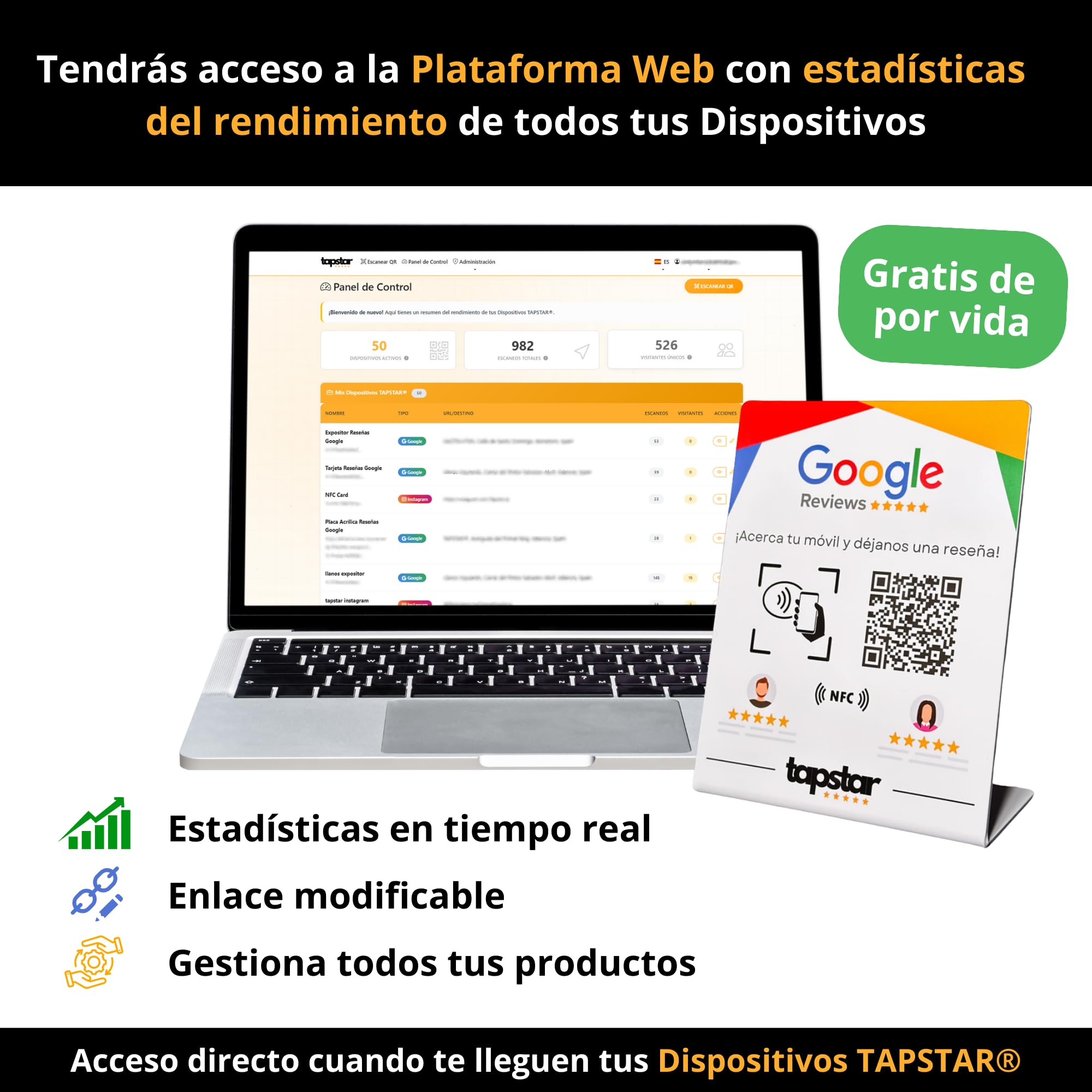 TAPSTAR Soporte Reseñas Google NFC y QR - Expositor Stand Reviews Google - Cartel NFC QR Opiniones Google - Compatible con Android & iPhone - Configuración Fácil con Web App - Sin Suscripciones