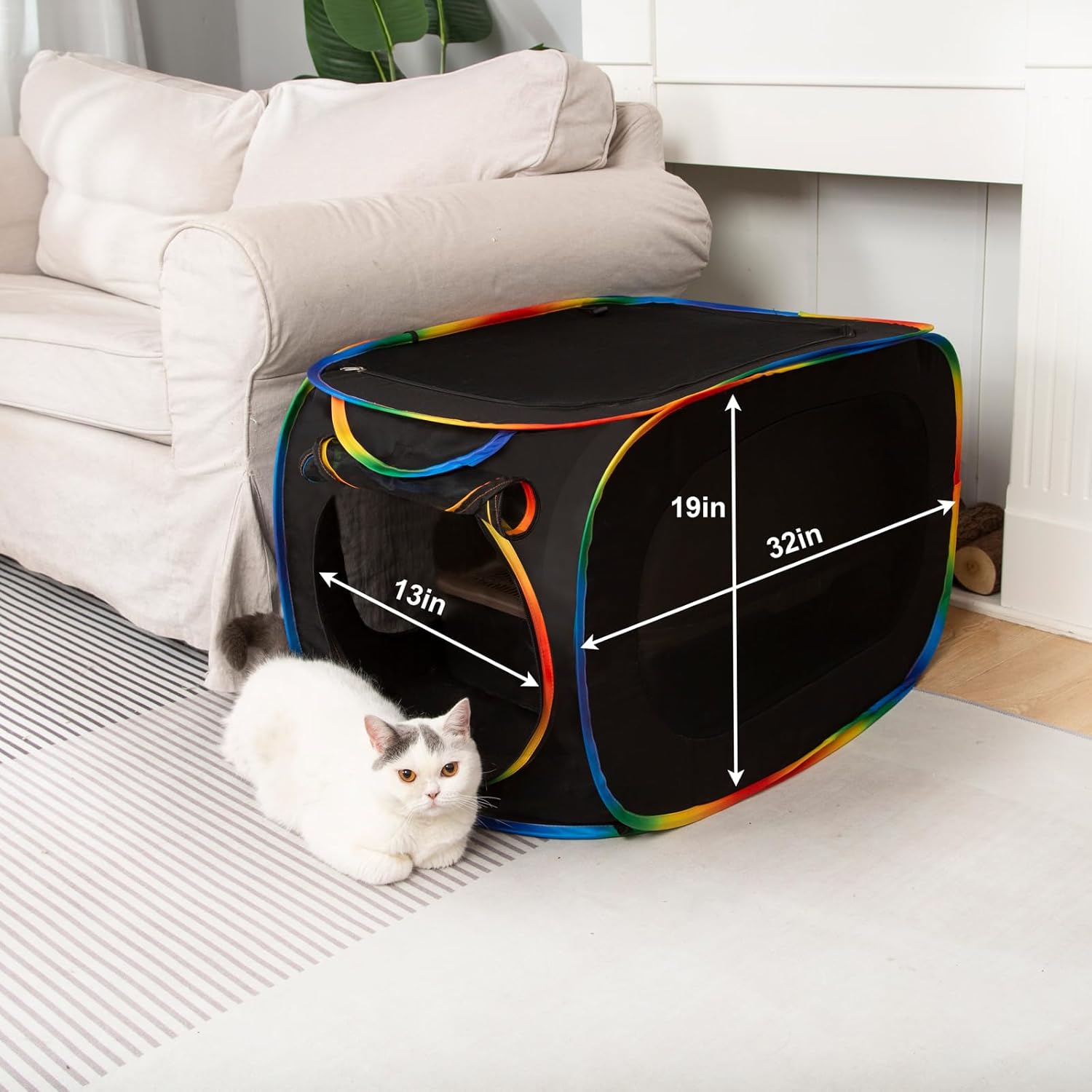 LUCKITTY Portable Cat Litter Box Enclosure, Pop Up Hidden Litter Box Furniture with Big Pocket for Living Room, Bedroom, Made by Waterproof Oxford & Breathable Mesh, Black-Rainbow, 32" L×19" W×19" H