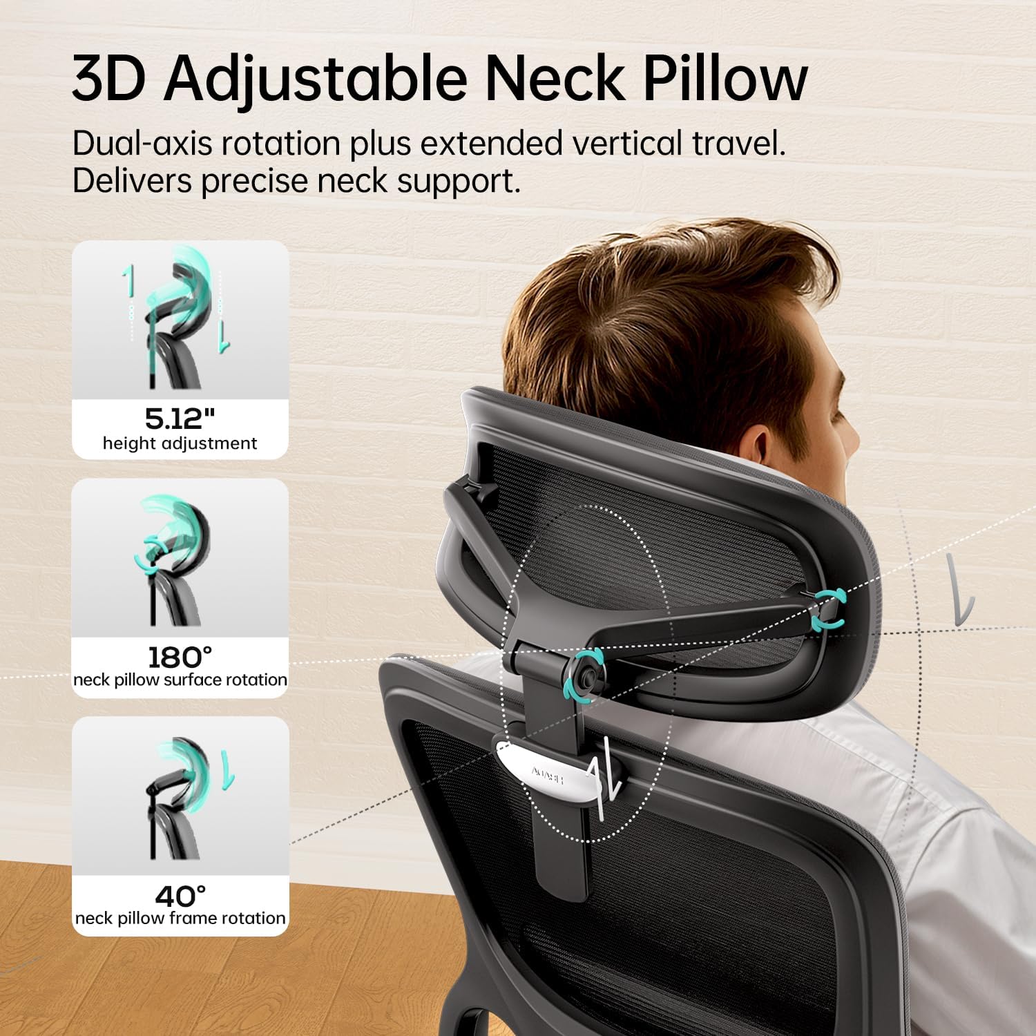 Diagram showing the 3D adjustable neck pillow with various rotation and height options