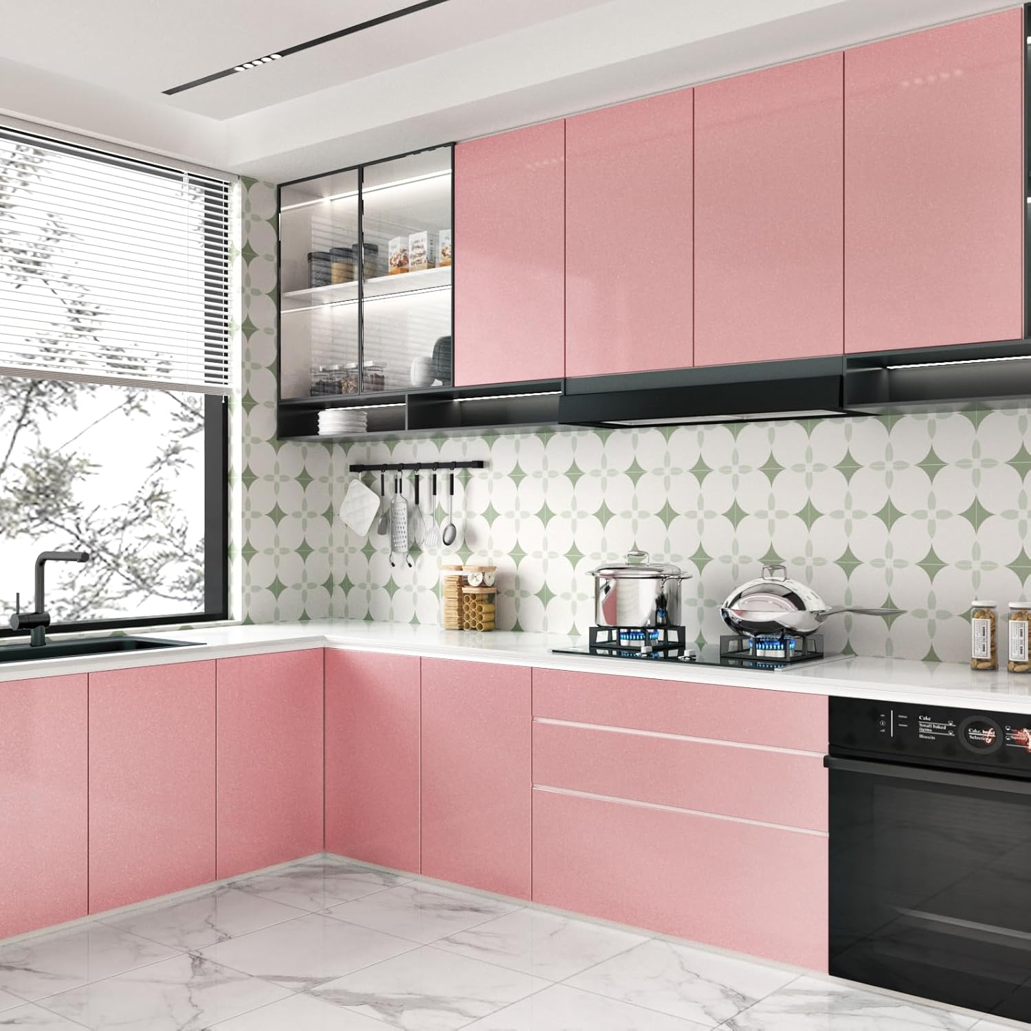 Wallercity Glossy Pink Contact Paper for Countertops Pink Peel and Stick Countertop Wall Paper Self-Adhesive Removable Glitter Wallpaper for Cabinets Drawer Liner Vinyl Waterproof Film 15.8''x315''