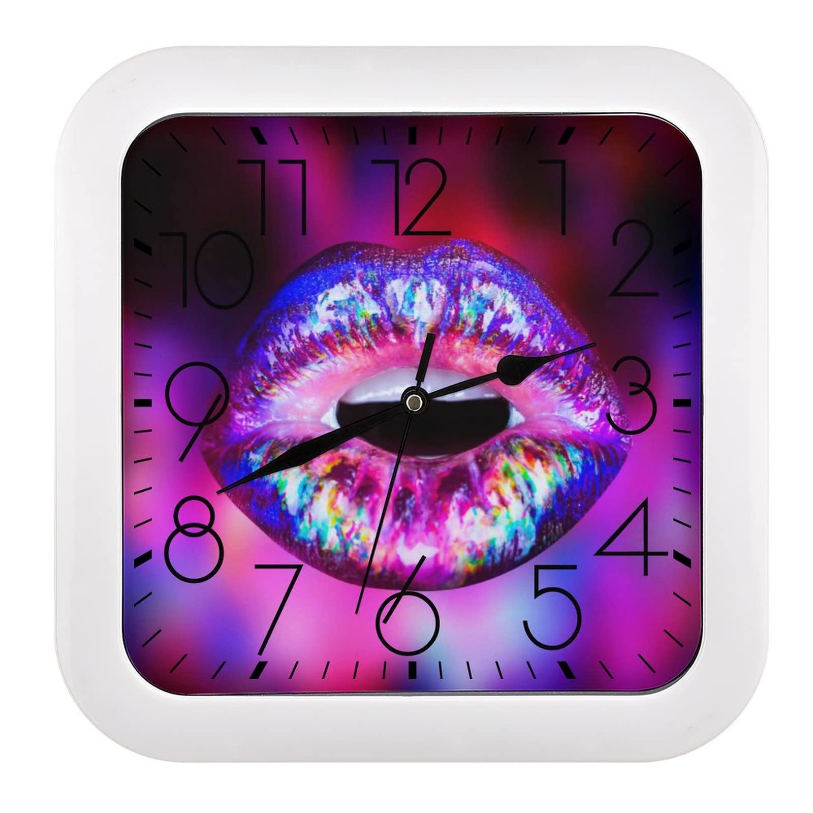 Horloge Murale Carrée Lèvres Pailletées - Pendule 26x26cm à Grands Chiffres pour Salon