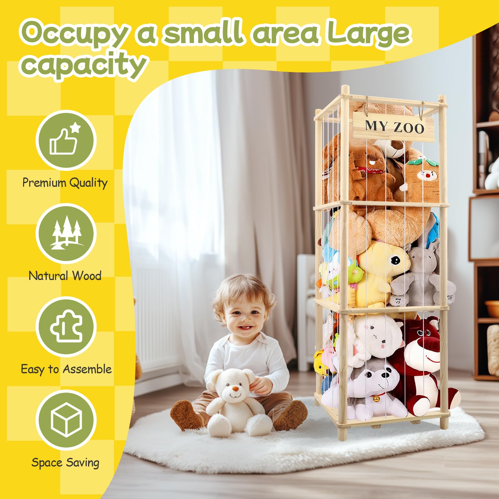Almacenamiento de peluches de madera, 135 x 40 x 40 cm, con freno de 360°, ruedas equipadas para peluches, peluches, juguetes de peluche, juguete de peluche para habitación de los niños, sala de