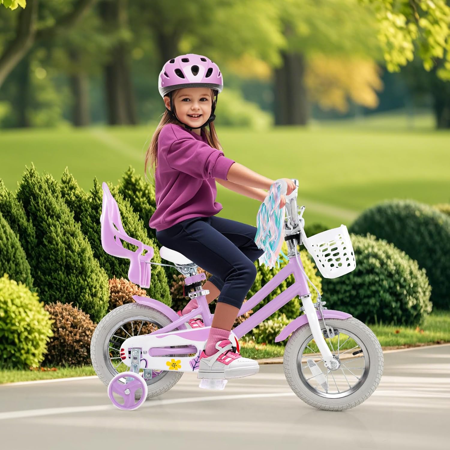 BABY JOY Kids Bike, 12 14 16 18 20 Inch Girls Bike w/Detachable Training Wheels or Kickstand, Storage Basket, Adjustable Seat & Handlebar, Bow or Streamer, Children Bicycle for 3-8 Years Old