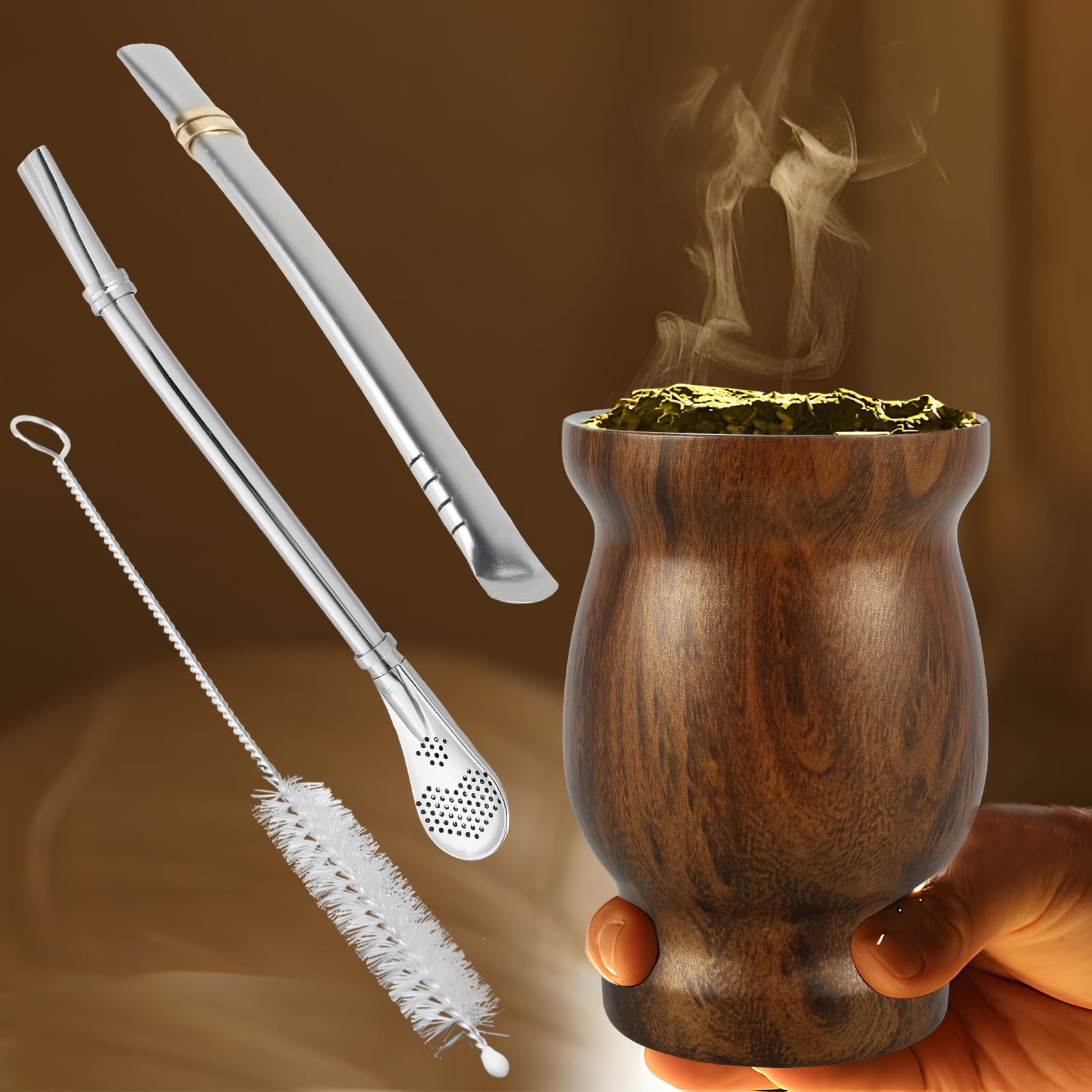 8 oz Yerba Mate Cup, Stainless Steel Mate Tea Cup Set with Straw Brush Straw Spoon Flat Straw and Lid Insulated Yerba Mate Teacup Coffee Water Mate Cup Yerba Mate Gourd Cup for Mate Tea Coffee (Wood)