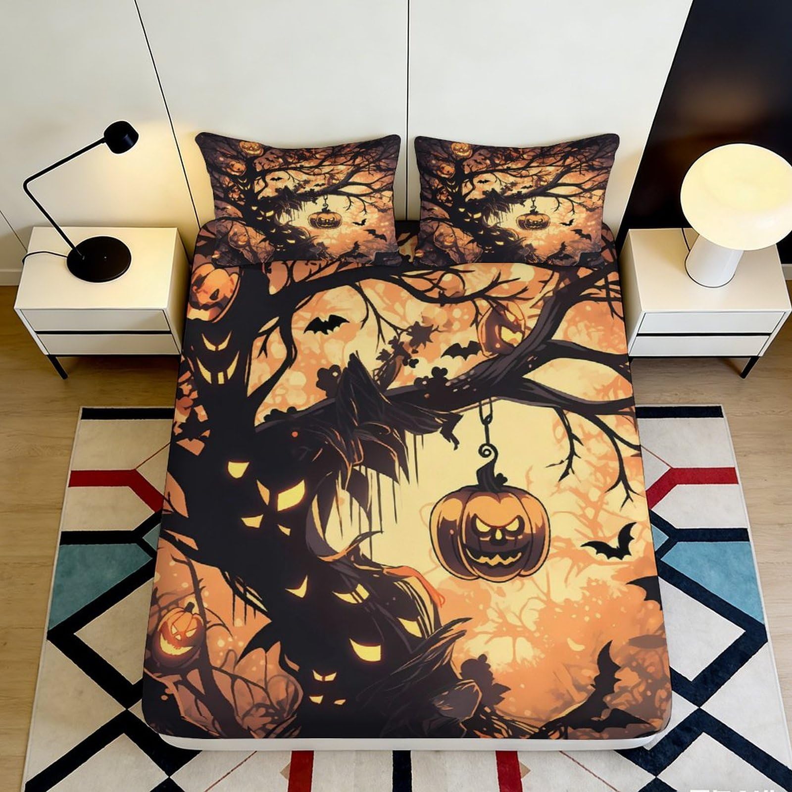 3D Printed Halloween Pumpkin Tree Fitted Sheet Microfiber Soft Breathable Scary Night Bat Bed Cover for Bedroom Dormitory Guest Room Mattress Protection 200x200x25cm