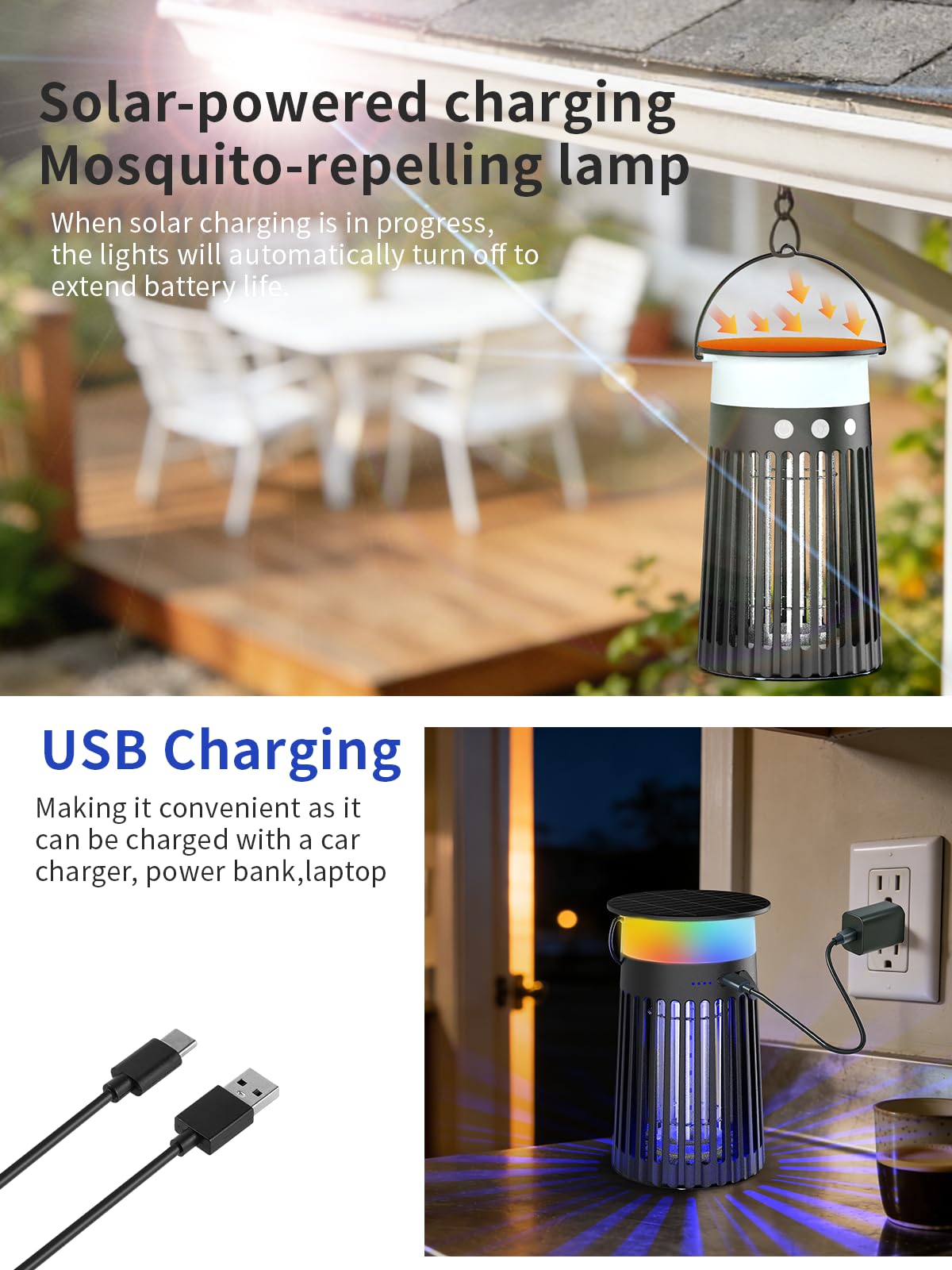 Mosquito Zapper – Trappola per insetti da esterni, 4200 V, ricaricabile, impermeabile, per patio, giardino, campeggio e casa, respinge zanzare, intrappola moscerini della frutta e moscerini