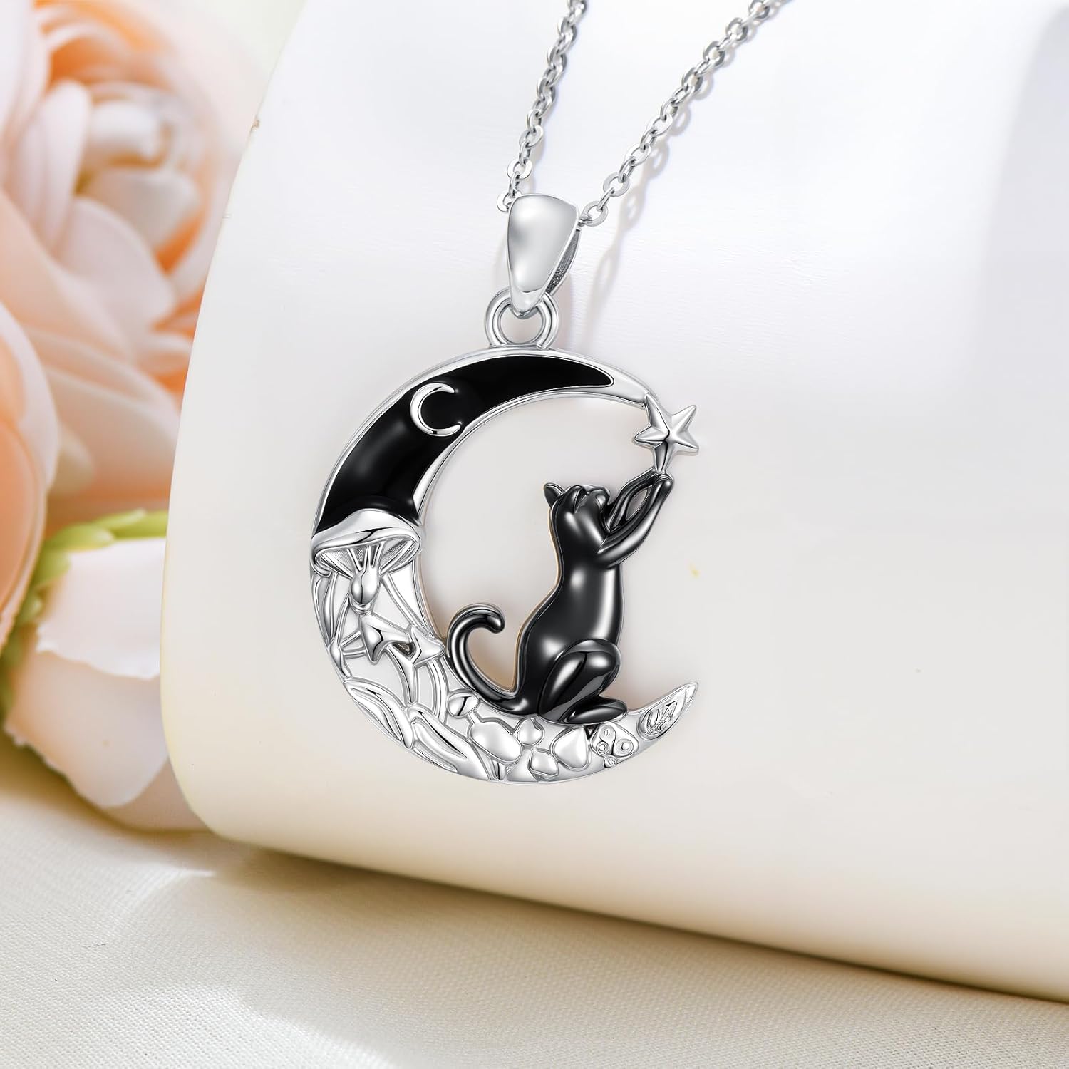 KiiKii Gothic Necklace 925 Sterling Silver Cat/Fox/Bat/Phoenix/Highland Cow Pendant Crescent Moon Mushroom Necklace Animal Jewelry Gifts for Women - Image 2