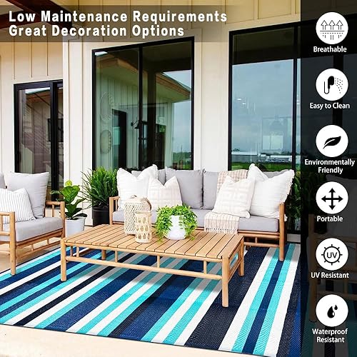 Miniatura 9 de HUGEAR Alfombra impermeable de plástico para exteriores, 5 x 8 pies, lavable, reversible, alfombra a rayas de arco iris, para camping, caravana