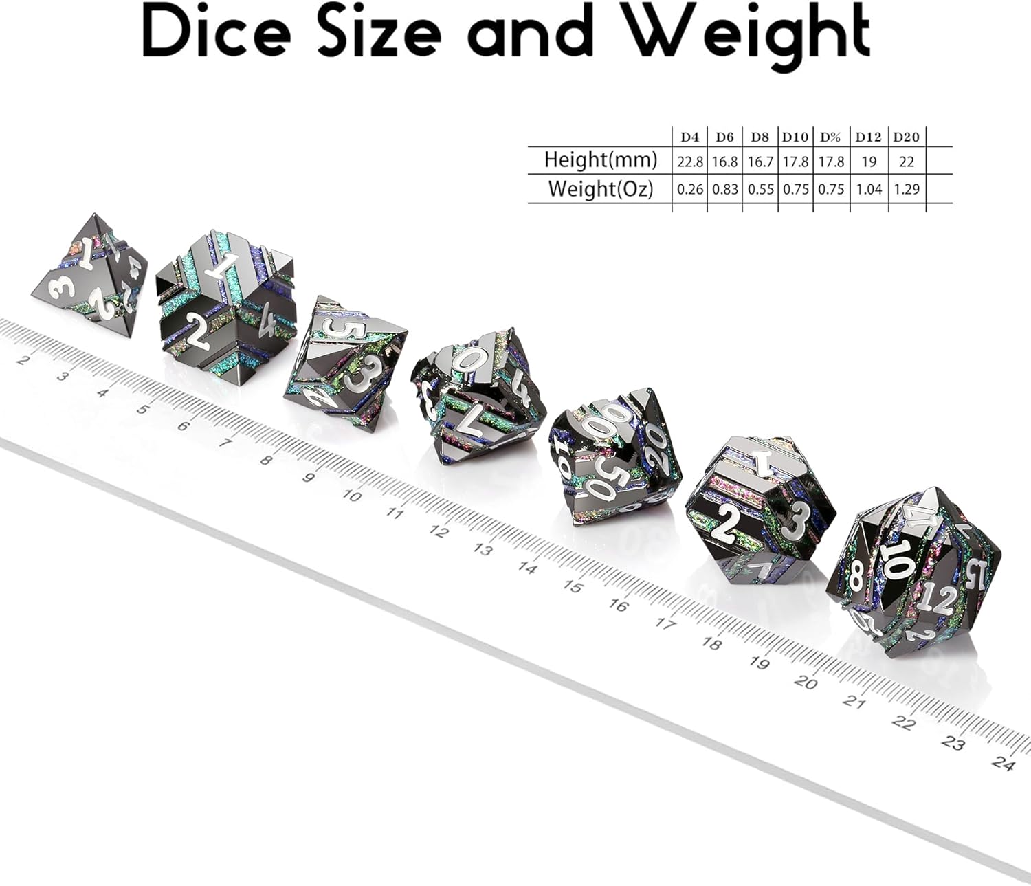 DNDND Colorful Stripe Metal Dice, Full Set Glitter Stripes Metallic DND Dice with Gift Metal Case for Dungeons and Dragons Tabletop Game (Colorful Stripes with Black)