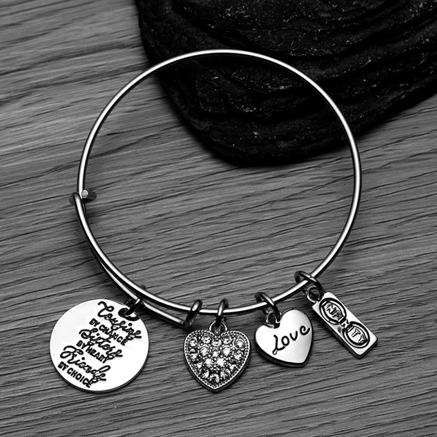 Infinity Collection Cousin Gift, Cousins By Chance, Sisters By Heart, Friends By Choice Charm Adjustable Bangle, Cousin Jewelry for Women-Gift for Cousins