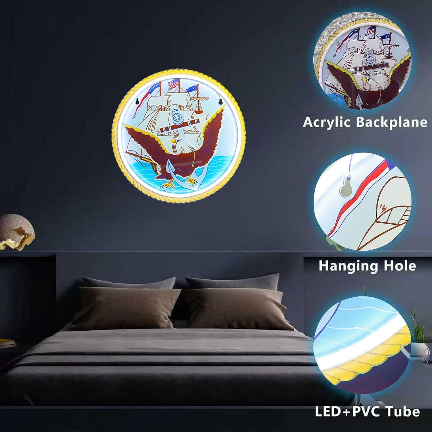 LED Navy Neon Sign Lights Veteran Neon Signs Wall Decor for Man Cave Bedroom Bar Army Themed Gift Art for Christmas Party-12.6×12.6 IN-USB Powered-Acrylic - Image 5