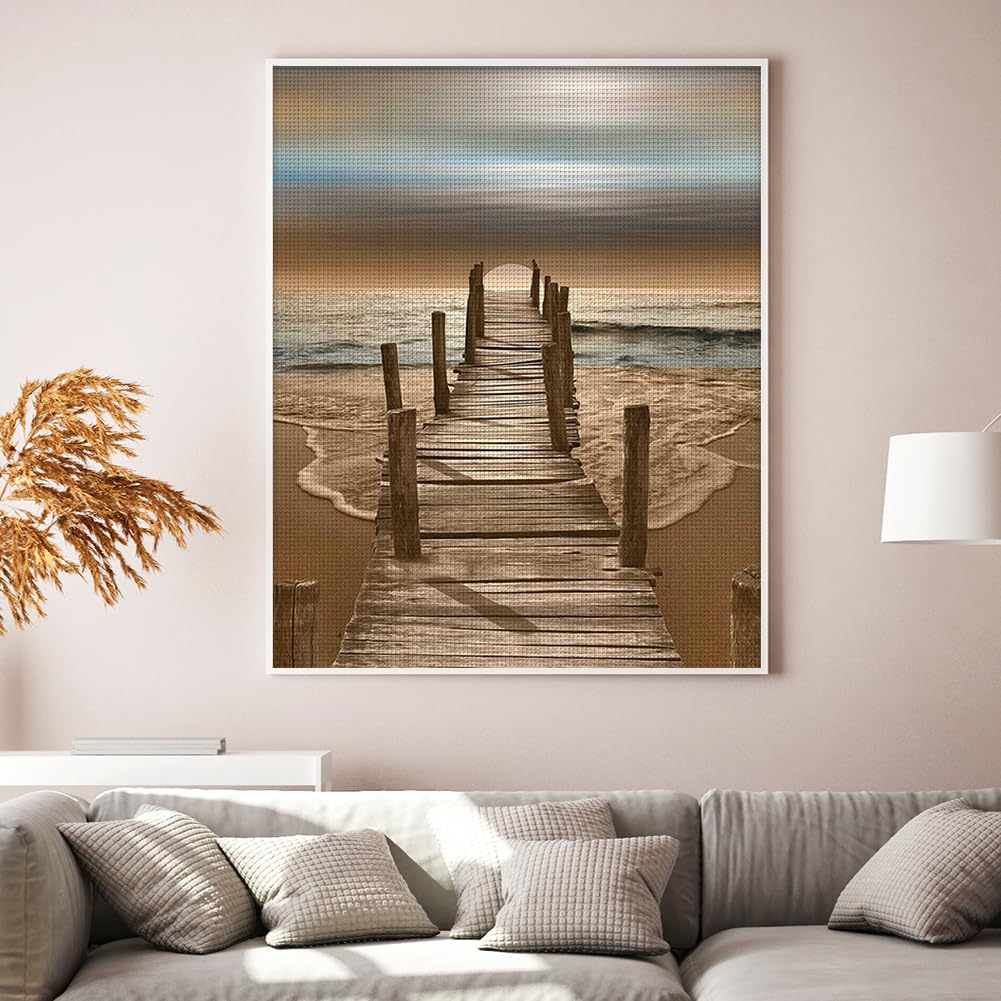 ARVALOLET Zestaw do haftowania dla początkujących, pełny haft z przędzą ekologiczną 18 ct, wzór plażowy 36 x 46 cm