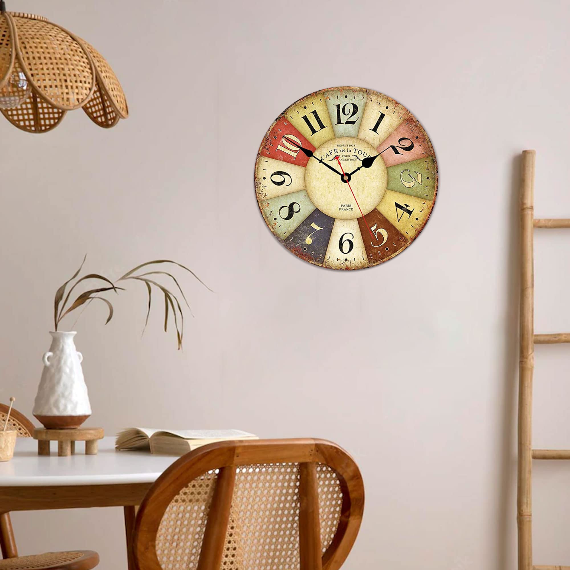 VIKMARI 34 cm Große Wanduhr Vintage Holz Dekorativ Lautlos Küchenuhr