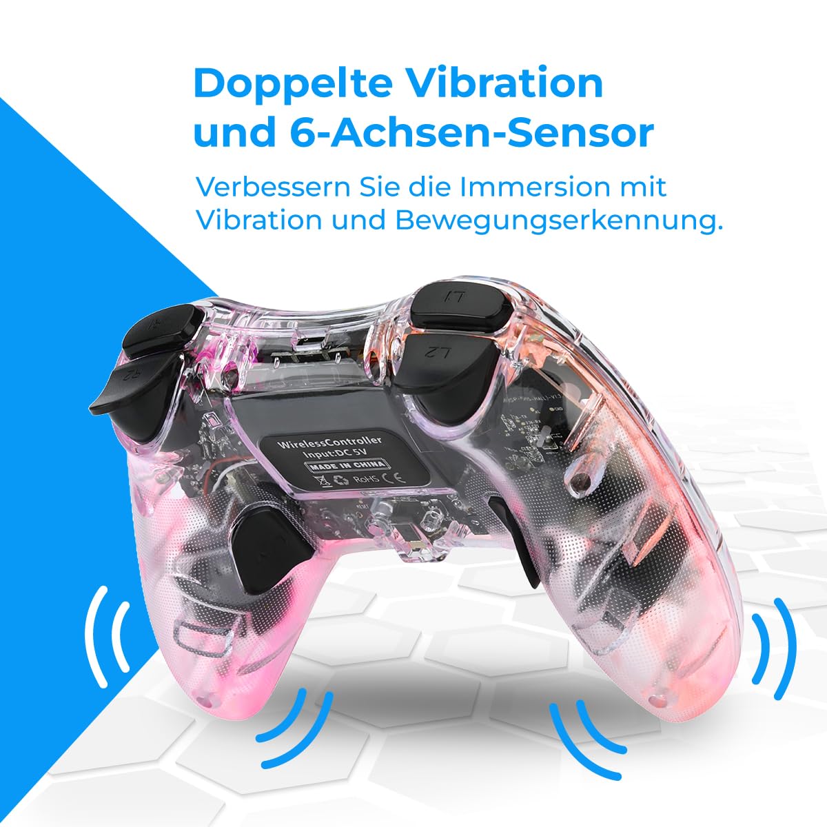 NK Controller für PS4 / PC/Android - Wireless Controller mit 2-Shock, 6 Achsen, 2 MACRO-Tasten, 7 LED-Lichtmodi, Touchpad, Kopfhöreranschluss, Ladekabel inklusive - Transparent Schwarz
