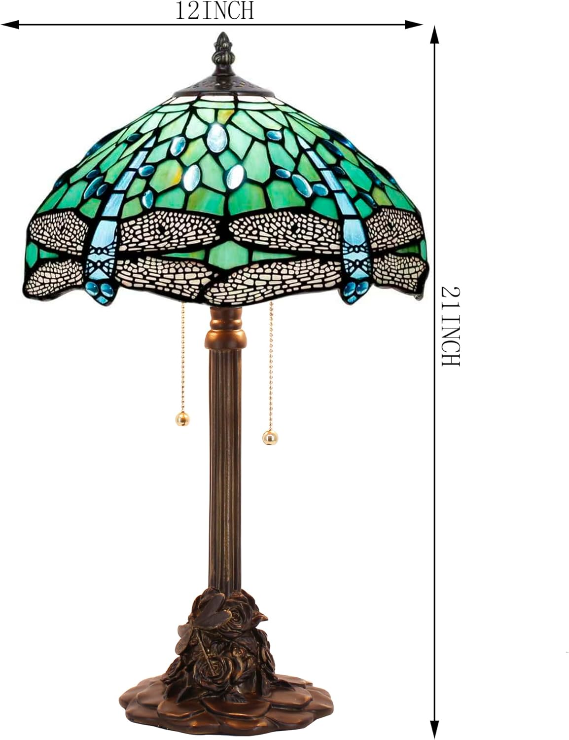 Tiffany Table Lamp Stained Glass Desk Lamp 12X12X21Inch Resin Base for Bedroom Living Room Reading Light (Green Dragonfly)