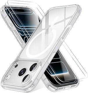 جراب مغناطيسي لموبايل ايفون 17 برو من يافويك، غطاء ايفون 17 برو مع قطعتين من الزجاج المقوى متوافق مع ماج سيف، جراب مضاد للصدمات من الدرجة العسكرية، شفاف