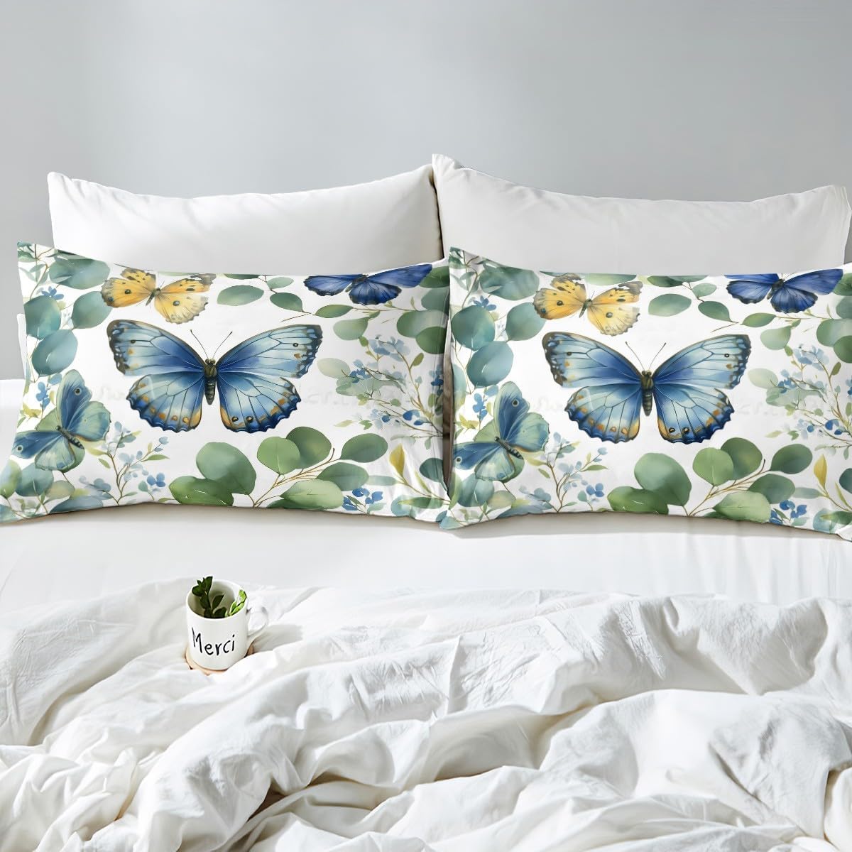 Erosebridal Fitted Sheet Full Size - Eucalyptus Cute Floral Bedding Set, Blue and Teal Green Bed Sheets, Butterfly Decorations Sheets Botanical Flowers Leaves Fitted Bed Sheets, No Top Sheet