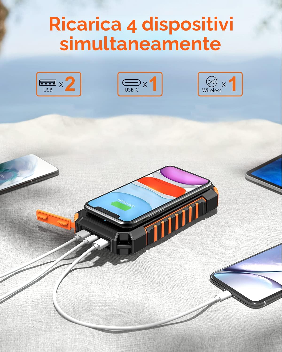 Hiluckey Caricabatterie Solare 20000mAh con 4 USB Batteria Esterna Portatile USB C Power Bank Senza fili Impermeabile con 2 Luci LED per Smartphones, Tablets (Orange)