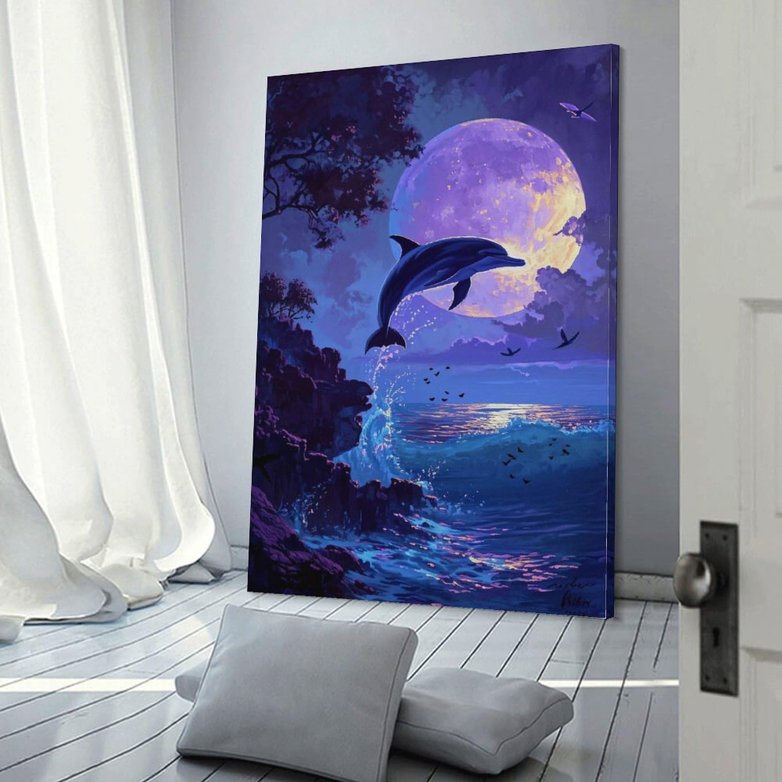 Amazon.co.jp: 絵画 夜の海から飛び出すイルカインテリア 絵画 美しい