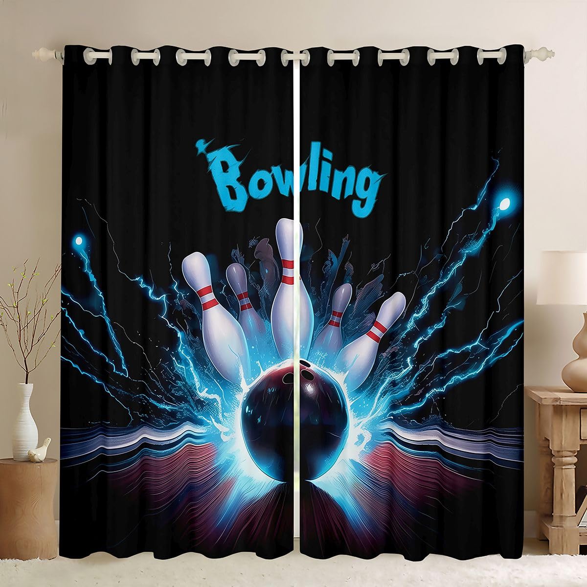 Homewish Chłopięce zasłony okienne do gry w kręgle, 132 x 160 cm, 2 zestawy paneli – błyskawica, gra sportowa, zasłony zaciemniające dla dzieci, nastolatków, melonik, 3D, piłka, zasłony okienne
