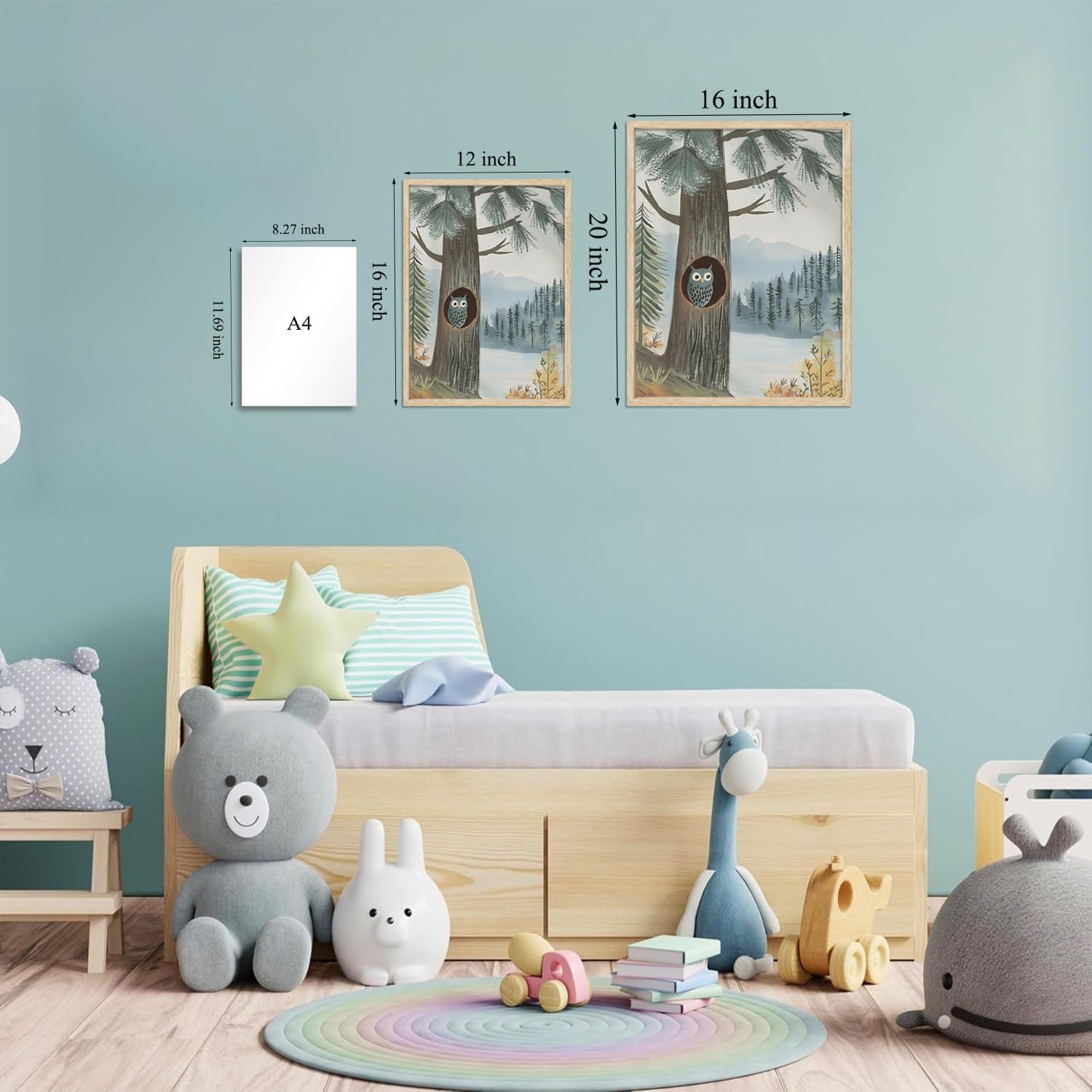 LHHJDIO 3 Piece OAK Wood Framed Wall Art Woodland Wall Decor Animals Canvas Art Owl Bear Squirrel Pictures Forest Paintings Wildlife Artwork Vintage Prints For Nursery Children Kids Boy Room
